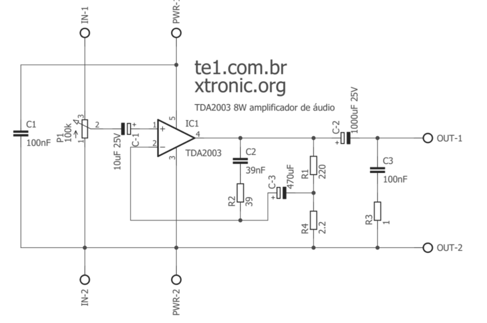 Circuit of power audio amplifier with ic tda2003 for 10 Watt