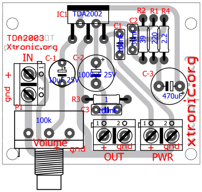 Circuit of power audio amplifier with ic tda2003 for 10 Watt