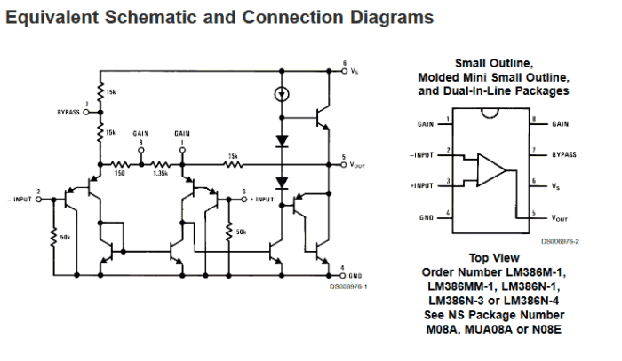 Equivalent Schematic Lm386 Pinout Datasheet And Connection Diagrams  Lm386M-1, Lm386Mm-1, Lm386N-1, Lm386N-3 Or Lm386N-4