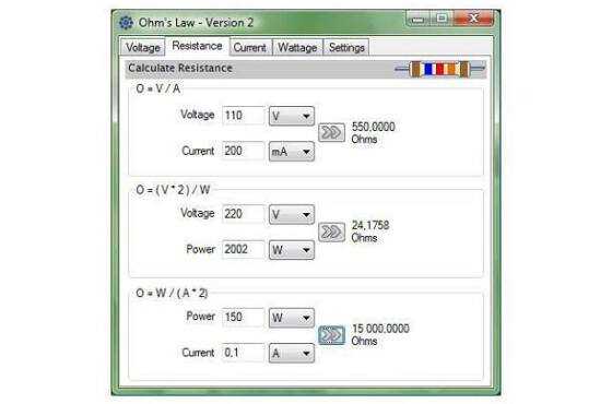 Ohms Law 2 Calculate Electric Voltage, Resistance, Current And Wattage
