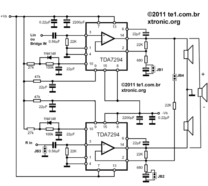 Circuit Of Dynamic Amplifier Using Tda 7294 - 180Watts Bridge Or Stereo 2 X 80Watts - Click To Enlarge