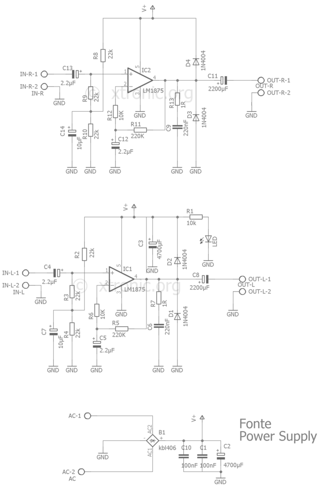 Circuit power amplifier stereo audio with LM1875 - 2 x 20 ...