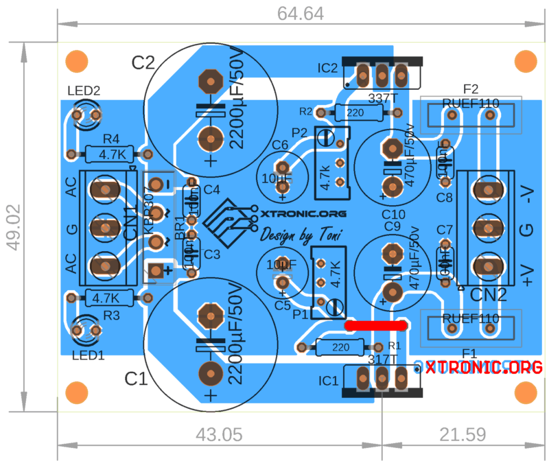 Schematic Symmetrical Power Supply Lm317 Lm337 Dual Power Supply Pcb Component View