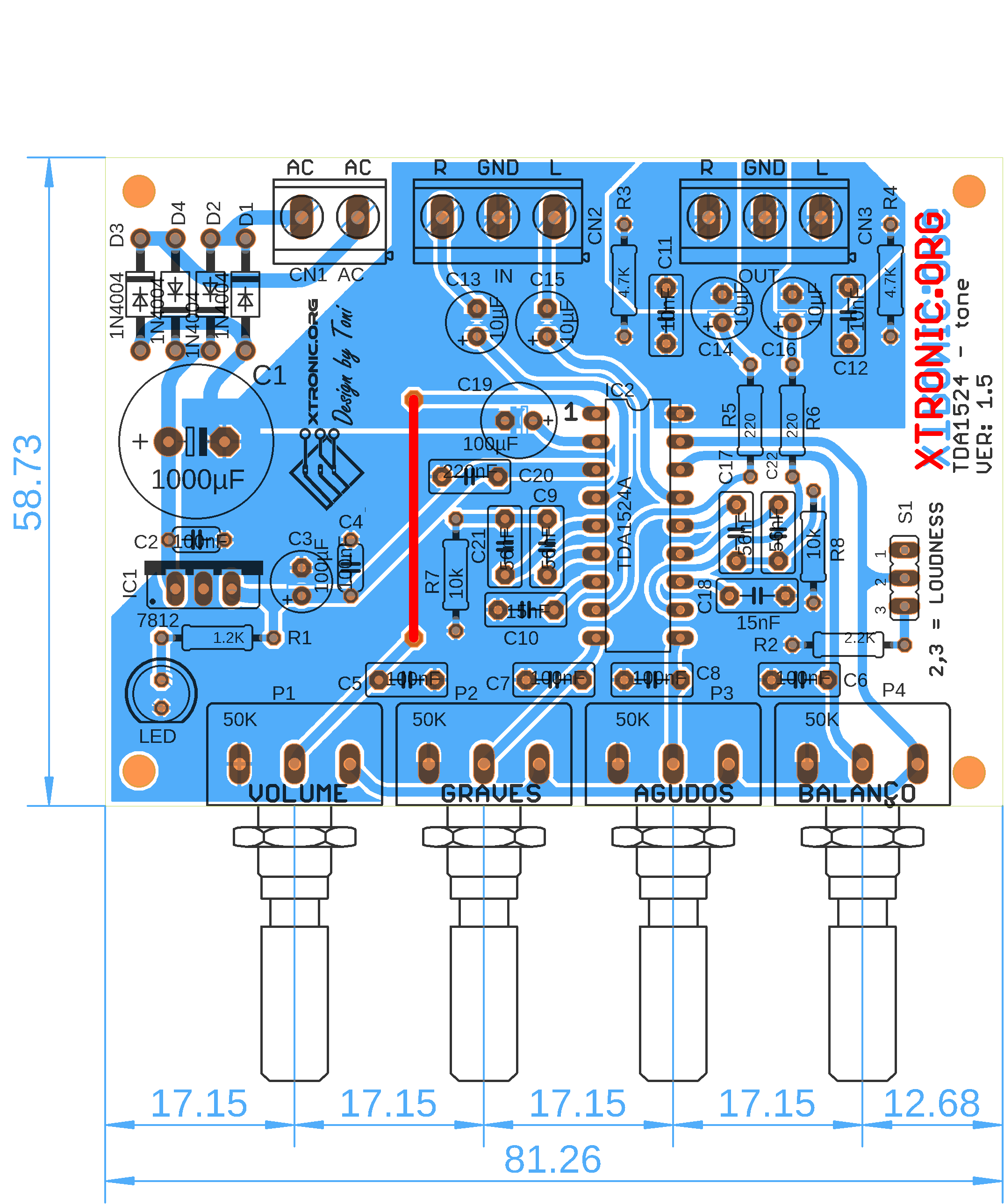 preamplifier Stereo TDA1524A bass treble PCB Layout - Xtronic yamaha bass wiring diagrams 