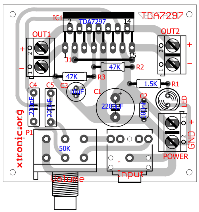 Stereo Power audio amplifier with TDA7297 - 2 x 15 Watts - Xtronic.org
