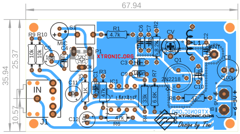Pcb Component View Circuit Diagram Transmitter For Smartphone Mp3 Player 2N2218 Lm741
