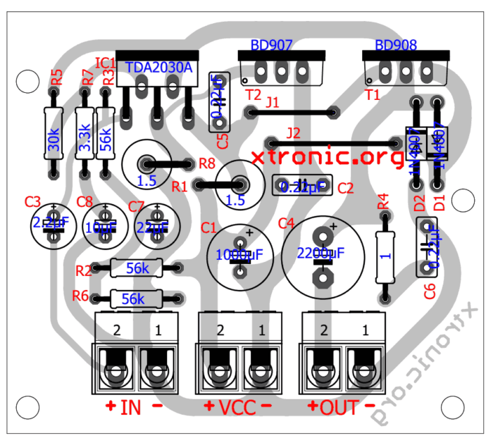 TDA2030 + transistors BD908/BD907 - 18W HI-FI audio amplifier - Xtronic