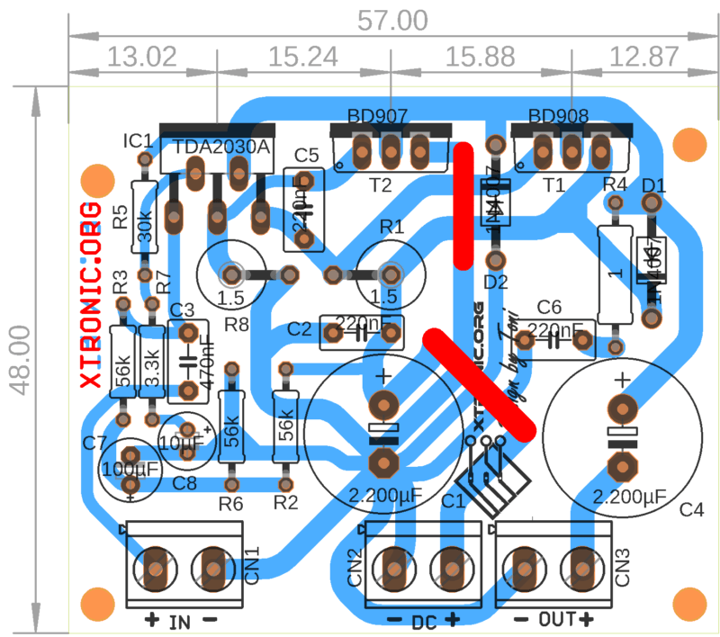 Tda2030 + Transistors Bd908/Bd907 – 18W Amplifier Pcb Component View